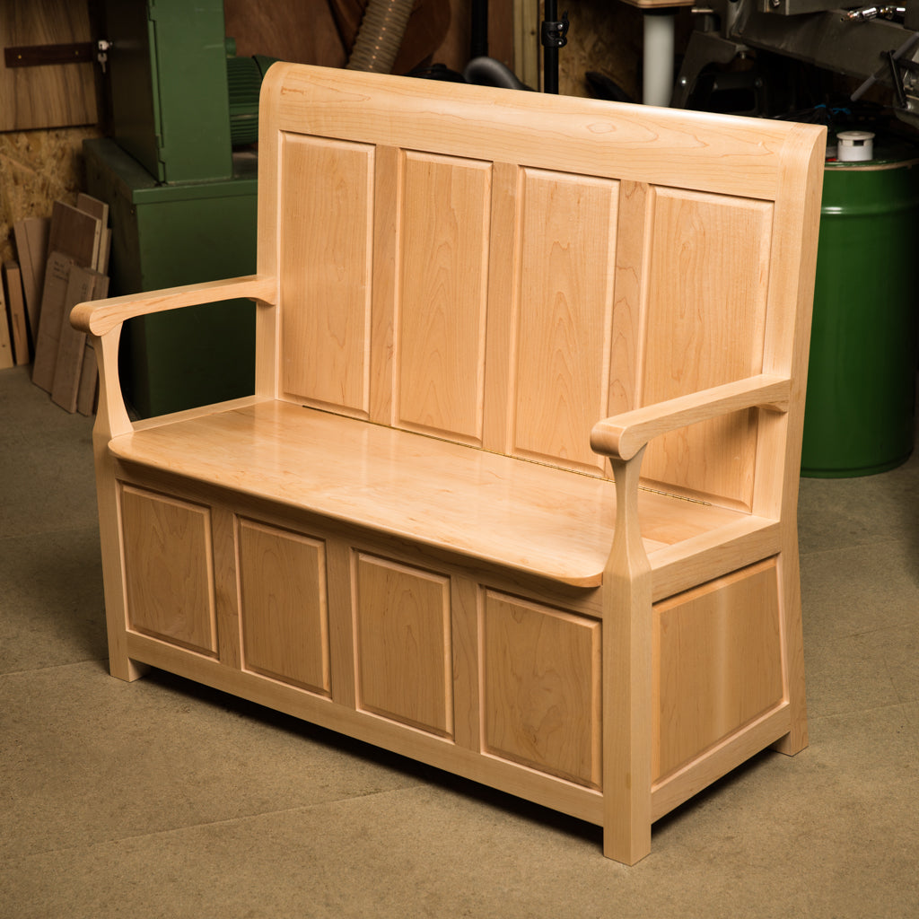 Custom made solid maple settle seat with internal storage